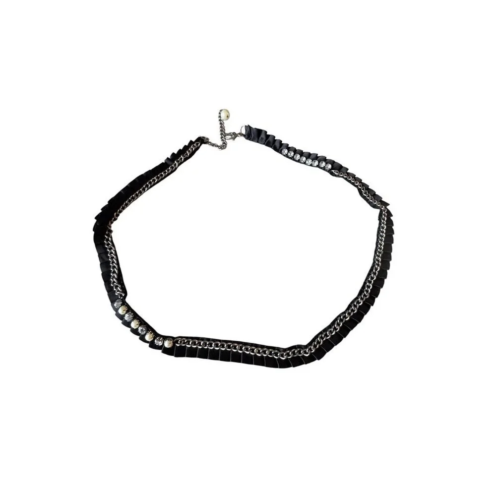 Y2k Vintage grossgrain ribbon belt black with pearl chain rhinestones